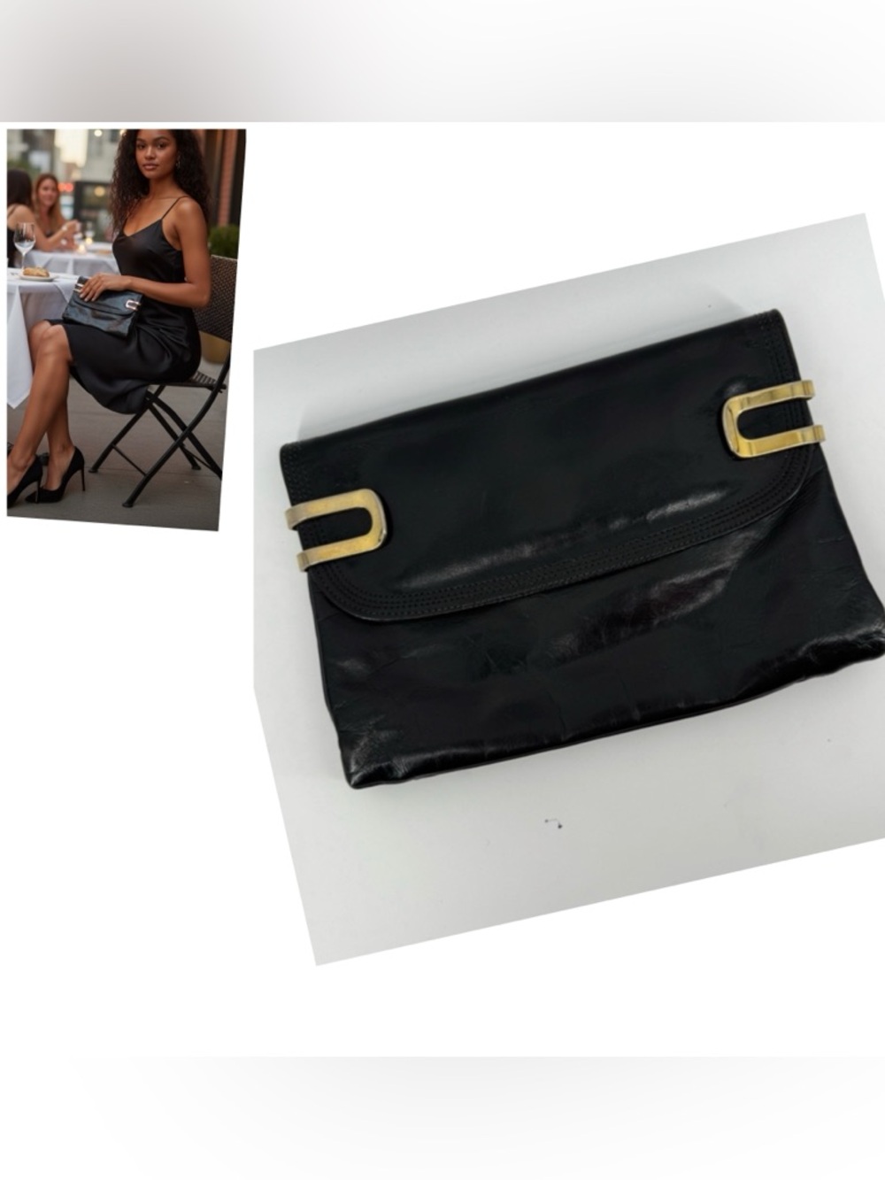 Rare! Vintage Ronora Hong Kong Black Leather Clutch with Gold Accent Hardware